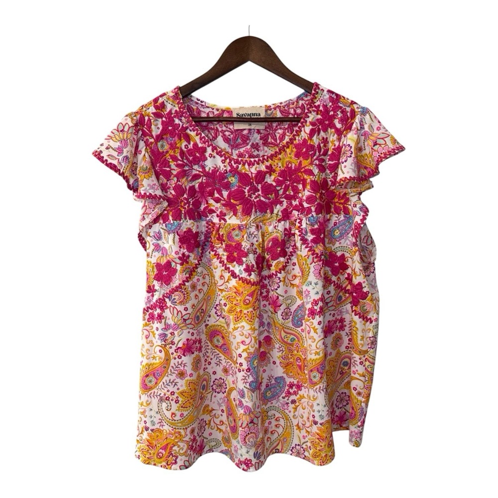Savanna Jane embroidered blouse women's XXL paisley vibrant festival boho hippie